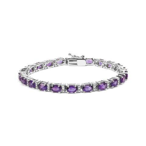 .925 Sterling Silver 9 1/2 Cttw Alternating Oval Amethyst and White Diamond Accent Link Tennis Bracelet (I-J Color, I3 Clarity) - 7.25