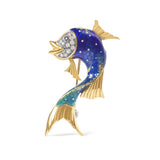 18K Yellow Gold and Blue Enamel Diamond and Pink Sapphire Fish Brooch Pin (H-I Color, VS2-SI1 Clarity)