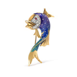 18K Yellow Gold and Blue Enamel Diamond and Pink Sapphire Fish Brooch Pin (H-I Color, VS2-SI1 Clarity)