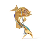 18K Yellow Gold and Blue Enamel Diamond and Pink Sapphire Fish Brooch Pin (H-I Color, VS2-SI1 Clarity)