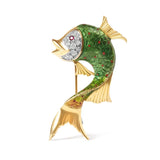 18K Yellow Gold and Green Enamel Diamond and Pink Sapphire Fish Brooch Pin (H-I Color, VS2-SI1 Clarity)