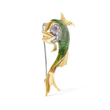 18K Yellow Gold and Green Enamel Diamond and Pink Sapphire Fish Brooch Pin (H-I Color, VS2-SI1 Clarity)