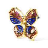 18K Yellow Gold Red, Blue, and White Enameled Butterfly Brooch Pin