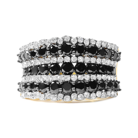 14K Yellow Gold Plated .925 Sterling Silver 1 3/4 Cttw Treated Black and White Alternating Diamond Multi Row Band Ring (Black / I-J Color, I2-I3 Clarity)