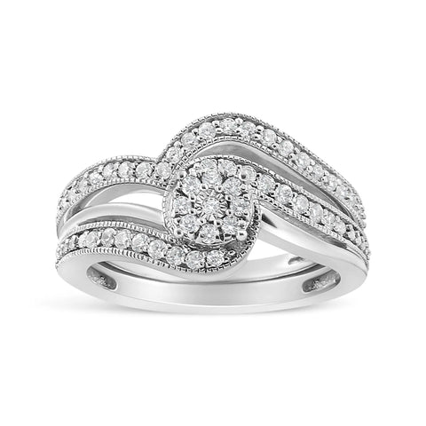 .925 Sterling Silver 1/3ct Cttw Multi-Diamond Bypass Vintage-Style Bridal Set Ring and Band (I-J Color, I3 Clarity)