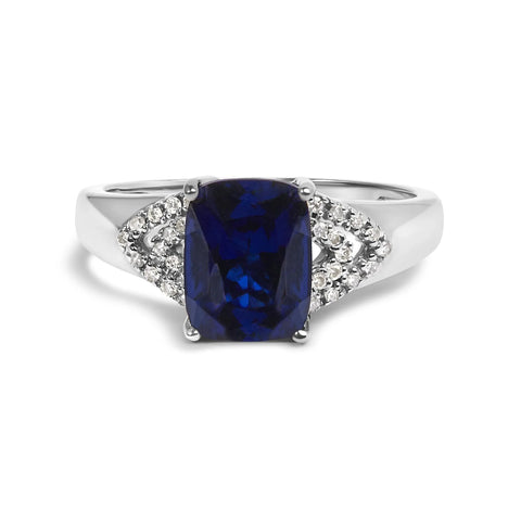 .925 Sterling Silver 9X7 mm Cushion Cut Blue Sapphire and White Diamond Step up Engagement Ring (I-J Color, I3 Clarity)