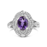 .925 Sterling Silver 9x7mm Oval Purple Amethyst and Round Diamond Accent Fashion Cocktail Ring (I-J Color, I1-I2 Clarity)