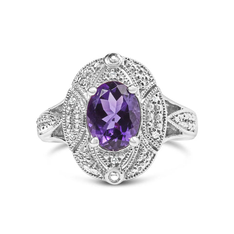 .925 Sterling Silver 9x7mm Oval Purple Amethyst and Round Diamond Accent Fashion Cocktail Ring (I-J Color, I1-I2 Clarity)