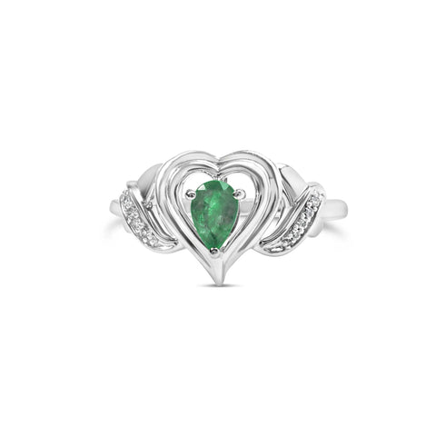 .925 Sterling Silver 6x4mm Pear Emerald Gemstone with Diamond Accent Heart Promise Ring (H-I Color, SI1-SI2 Clarity) - Size 7