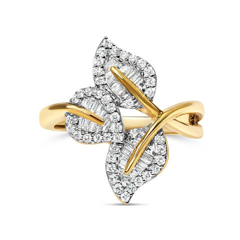 18K Yellow Gold Plated .925 Sterling Silver 1/2 Cttw Baguette and Round Diamond Bypass Triple Leaf Ring (I-J Color, I1-I2 Clarity)