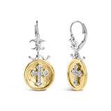 18K Yellow Gold Plated .925 Sterling Silver 1/8 Cttw Diamond Hammered Finished Medallion with Cross Drop and Dangle Earrings (I-J Color, SI1-SI2 Clarity)