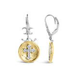 18K Yellow Gold Plated .925 Sterling Silver 1/8 Cttw Diamond Hammered Finished Medallion with Cross Drop and Dangle Earrings (I-J Color, SI1-SI2 Clarity)