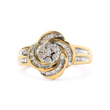 10K Yellow Gold 1/2 Cttw Round and Baguette Diamond Flower Swirl Cocktail Ring (I-J Color, SI2-I1 Clarity)