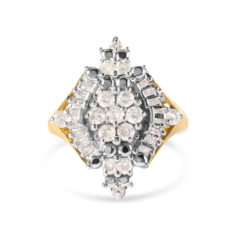 10K Yellow Gold 1 Cttw Round and Baguette cut Diamond Cluster and Rhombus Halo Ring (H-I Color, I1-I2 Clarity)