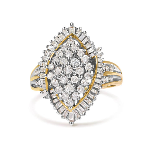 10K Yellow Gold 1.0 Cttw Round and Baguette-Cut Diamond Cluster Ring (I-J Color, SI2-I1 Clarity)