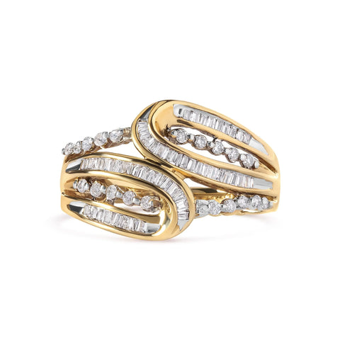 10K Yellow Gold 1/2 Cttw Round and Baguette cut Diamond Open Space Bypass Ring (H-I Color, SI2-I1 Clarity)