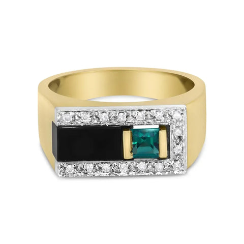 14K Yellow Gold 1/6 Cttw Round Diamond And Princess Emerald with Onyx Gemstone Gent's Band (H-I Color, I2 Clarity)