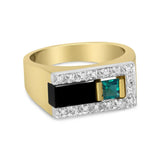 14K Yellow Gold 1/6 Cttw Round Diamond And Princess Emerald with Onyx Gemstone Gent's Band (H-I Color, I2 Clarity)