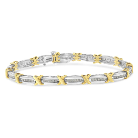 Two-Tone 10K Yellow Gold over .925 Sterling Silver 1.0 Cttw Diamond Channel Set Tapered & X-Link 7