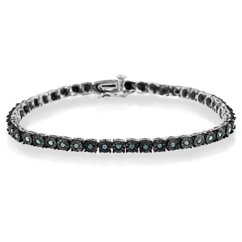 Black Rhodium Plated .925 Sterling Silver 1.0 Cttw Diamond Miracle Tennis Bracelet (Enhanced Blue Color, I3 Clarity) - 7