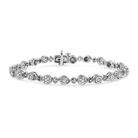 .925 Sterling Silver 1.0 Cttw Diamond Swirl Beaded Link Bracelet (I-J Color, I3-Promo Clarity) - 7.25