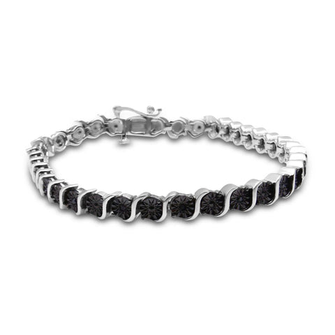 .925 Sterling Silver & Black Rhodium 1/10 Cttw Treated Black Miracle-Set Diamond S-Link Tennis Bracelet (Black Color, I1-I2 Clarity) - Size 7