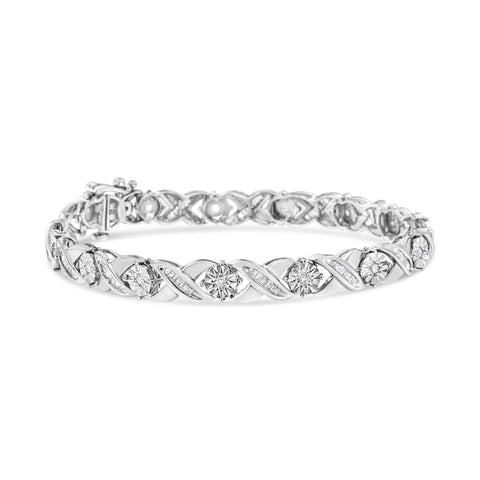 .925 Sterling Silver 1.0 Cttw Round-Brilliant and Baguette Cut Diamond Miracle-Set X-Link 7