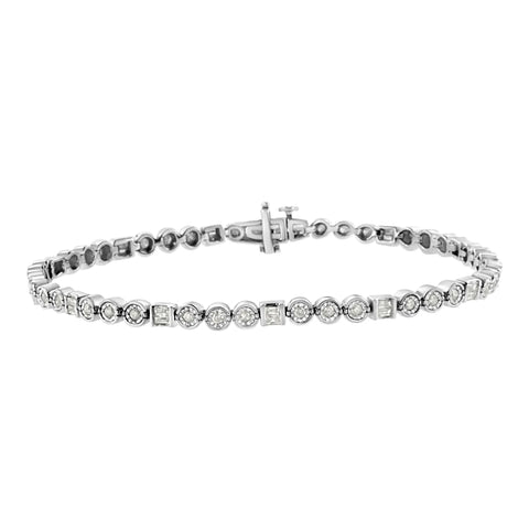 .925 Sterling Silver 1.0 Cttw Alternating Channel Set Baguette and Miracle Set Round Diamond Link Bracelet (I-J Color, I3 Clarity) - 7.25