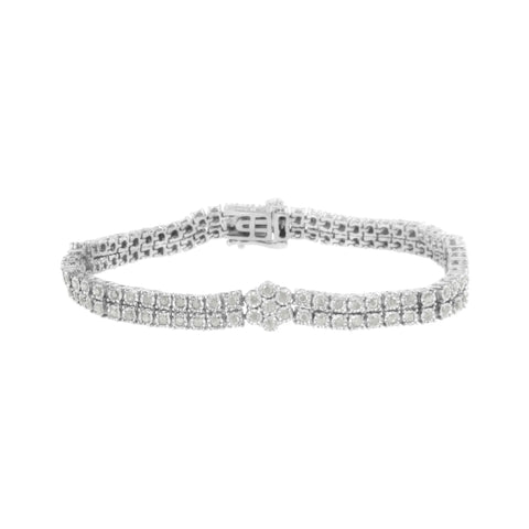 .925 Sterling Silver Diamond Double Row and Floral Cluster Tennis Bracelet (2 cttw, I-J Color, I3 Clarity) - Size 7.25