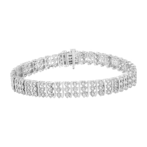 .925 Sterling Silver 1 1/2 cttw Round Diamond 3 Row Heart Link Bracelet (I-J Color,I3 Clarity) - 7.25 