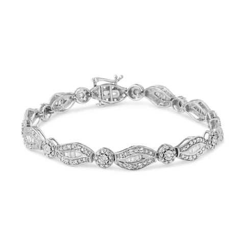 .925 Sterling Silver 1 cttw Diamond Double Leaf and Bezel Link Bracelet (I-J Clarity, I2-I3 Color) - Size 7.25