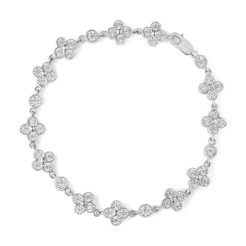 .925 Sterling Silver 1.0 Cttw Miracle-Set Diamond 4 Leaf and Solitaire Station Link Bracelet (I-J Color, I3 Clarity) - 7.25