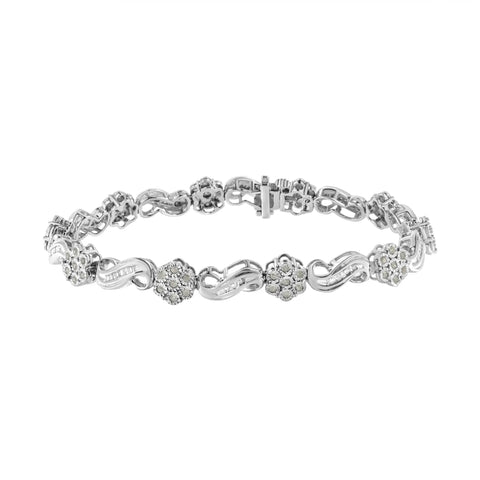 .925 Sterling Silver 1.0 Cttw Miracle and Channel Set Diamond Floral Cluster and Link Bracelet (I-J Color, I3 Clarity) - 7.25