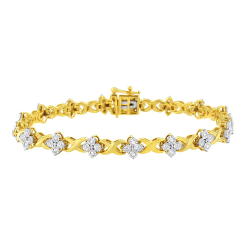 10K Yellow Gold Plated Sterling Silver 1/4 cttw Diamond 4 Leaf Clover Link Tennis Bracelet (I-J Color, I2-I3 Clarity) - Size 7.25