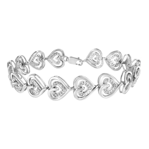 .925 Sterling Silver 1/4 Cttw Round-Cut Diamond Double Heart Link Bracelet (I-J Color, I2-I3 Clarity) - 7.25