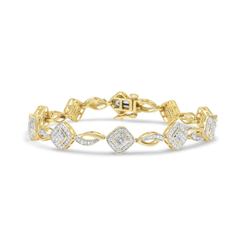 10K Yellow Gold Plated .925 Sterling Silver 1/4 Cttw Diamond Alternating Art Deco Square and Swirl Link 7.25