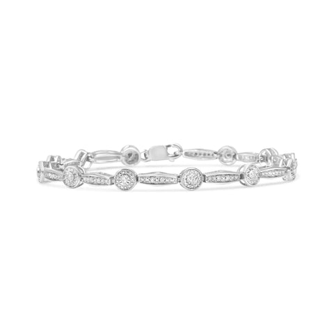 .925 Sterling Silver 1/4 Cttw Diamond Circle and Rectangle Shaped Halo Link Bracelet (I-J Color, I2-I3 Clarity) - 7.25