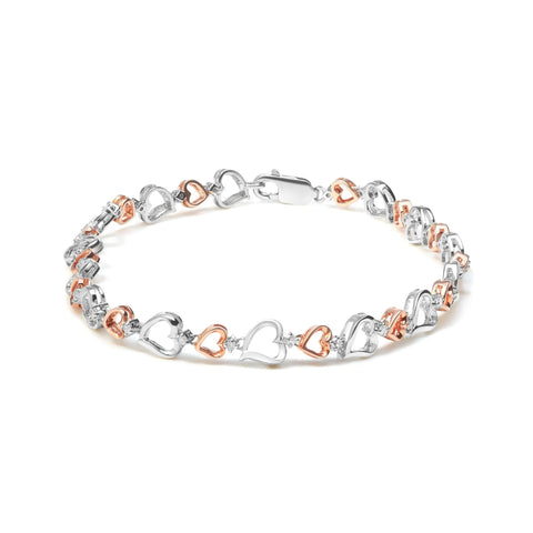 14K Rose Gold Plated .925 Sterling Silver 1/4 Cttw Diamond Heart Link Bracelet (I-J Color, I2-I3 Clarity) - Size 7