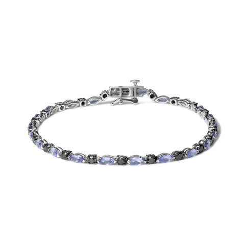 .925 Sterling Silver 1 1/2 Cttw Black Diamond and Blue Tanzanite Link Bracelet (I2-I3 Clarity, Black Color) - Size 7.25