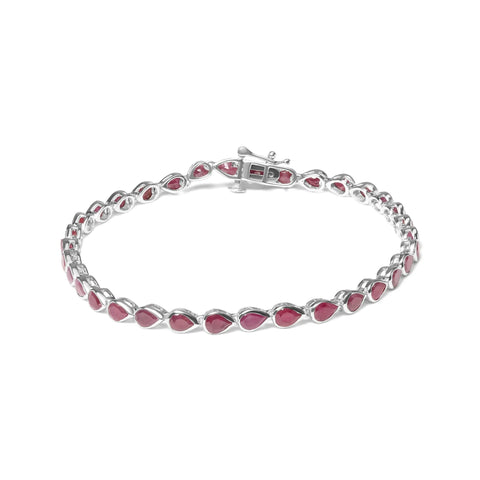 .925 Sterling Silver Bezel Set Pear Shaped Lab Created Pink Ruby Link Bracelet (AAA+ Quality) - Size 7.25