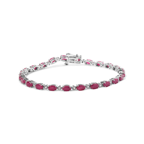 .925 Sterling Silver Oval Ruby and 1/4 Cttw Diamond Link Bracelet - Size 7.25