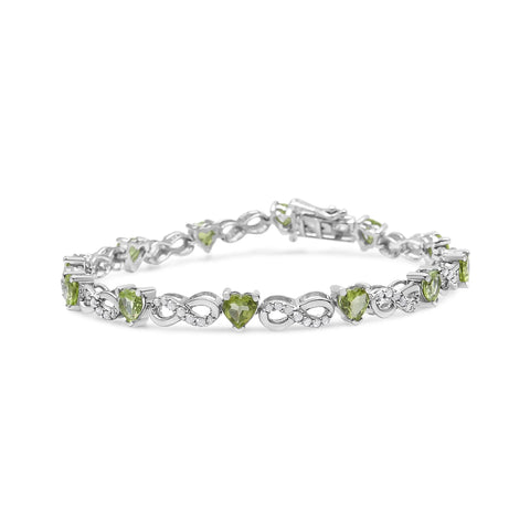 .925 Sterling Silver 1.00 Cttw Diamond and 4.00mm Lab Created Green Heart-Shaped Peridot Infinity Link Bracelet (I-J Color, I2-I3 Clarity) - 7.25