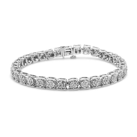 .925 Sterling Silver 3.00 Cttw Round Diamond Floral Cluster Link Bracelet (I-J Color, I3 Clarity) - 7.25