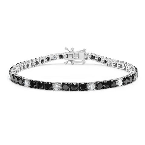 .925 Sterling Silver 10.00 Cttw White and Black Round Diamond Classic 4 Prong Tennis Bracelet (Black/I-J Color, I2-I3 Clarity) - 7.25