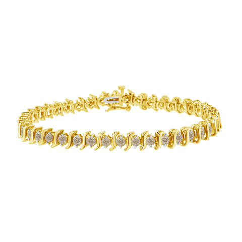 14 Karat Yellow Gold Plated .925 Sterling Silver 4.00 Carat Total Weight Prong-Set Round-Cut Diamond S-Curve Link Karat Bracelet