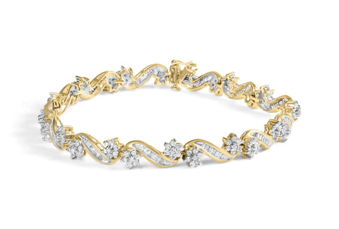 10k Yellow Gold 3.00 Cttw Round-Cut and Baguette-Cut Floral Link 7.25