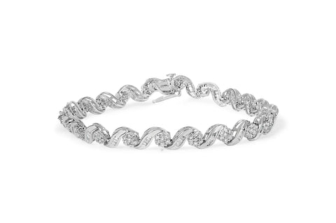 10K White Gold 2.00 Cttw Round-Cut and Baguette-Cut Diamond Floral Design Swirl Link 7