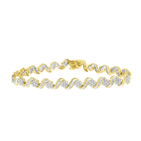 10k Yellow Gold 3.00 Cttw Round-Cut and Baguette-Cut Diamond Floral Link 7.50