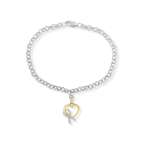 10K Yellow Gold 1/10 Cttw Diamond Awareness Ribbon & Heart Charm on 7