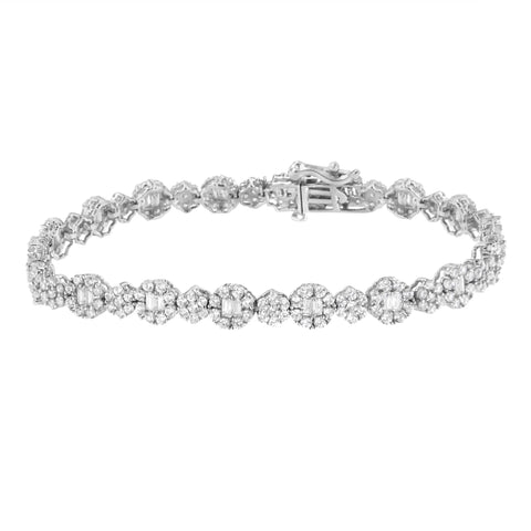 10K White Gold 4.0 cttw Brilliant Round-cut and Baguette Diamond Floral Cluster Link Bracelet (I-J Clarity, I1-I2 Color) - Size 7